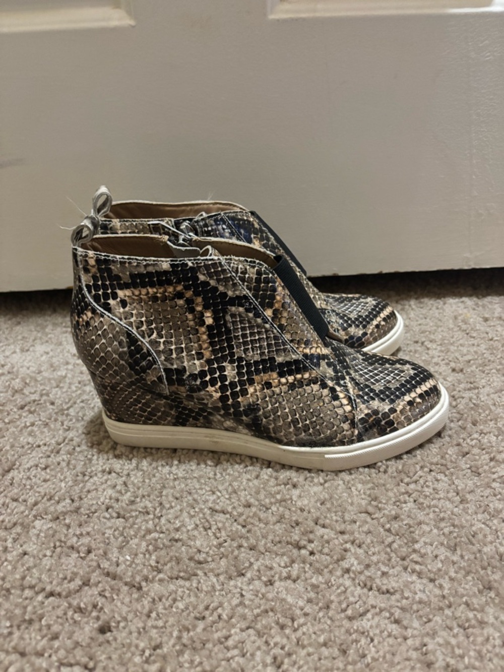Snake-Print Wedge Sneakers in Beige and Black